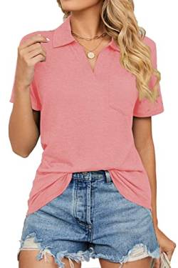 FANGJIN Damen Golf Poloshirt Sommer V-Ausschnitt sexy Cute Kurzarm T Shirt Casual Pullover Oberteile Sommer T-Shirts Elegant Rosa XX-Large XXL von FANGJIN