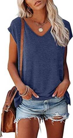 FANGJIN Damen Kurzarm T-Shirt Lose Shirts V-Ausschnitt Oberteil Sommer Top Frauen Casual Pullover Swestshirt Elegant dunkelblau Resort Bekleidung reite rudere und gehe wandern top Sportshirt Groß L von FANGJIN