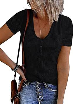 FANGJIN Damen Kurzarm V-Ausschnitt Shirt Locker Oberteile Rippstrick Knopf T-Shirts Henley Einfarbig Sommer Tops Schwarz L von FANGJIN