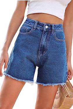 FANGJIN Damen Kurzer Jeans Sommershort Casual Denim Shorts Mittlere Taille Hotpants mit Taschen Jeanshose Dunkelblau L von FANGJIN