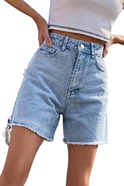 FANGJIN Damen Kurzer Jeans Sommershort Casual Denim Shorts Mittlere Taille Hotpants mit Taschen Jeanshose Himmelblau L von FANGJIN
