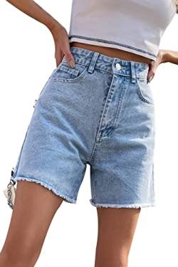 FANGJIN Damen Kurzer Jeans Sommershort Casual Denim Shorts Mittlere Taille Hotpants mit Taschen Jeanshose Himmelblau S von FANGJIN