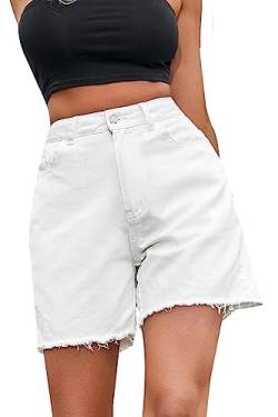 FANGJIN Damen Kurzer Jeans Sommershort Casual Denim Shorts Mittlere Taille Hotpants mit Taschen Jeanshose weiß M von FANGJIN