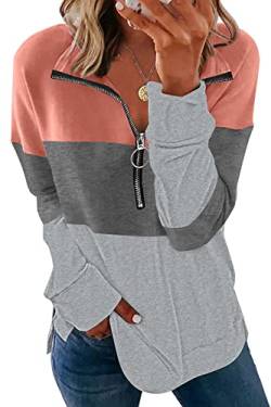 FANGJIN Damen Modern Halber Reißverschluss Sweatshirt Longpullover Oversize Pullover Lang Langarm Longshirt Grau M von FANGJIN