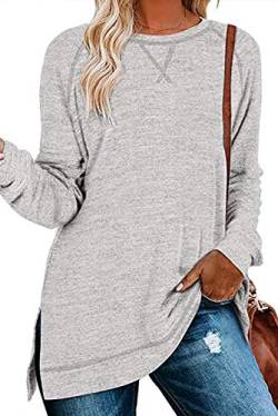 FANGJIN Damen Oversize Tops leichte Pullover Damen Langarm Oberteile elegant Casual Solid T-Shirt Langer Pullover Damen für Leggings Hellgrau Tee Sportshirt Größe（46 48） XXL von FANGJIN