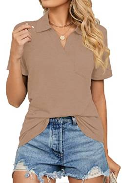 FANGJIN Damen Oversized Kurzarm V-Ausschnitt Polo Tshirt Frauen Sommer Casual Pullover Oberteile T-Shirts Elegant Khaki XX-Large XXL von FANGJIN