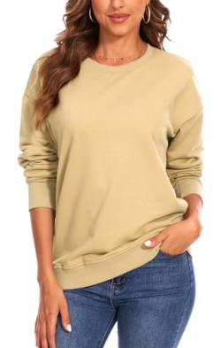 FANGJIN Damen Pullover Langarmshirt Modern Einfarbig Rundhals Sweatshirt Damen ohne Kapuze Beige Tunika Lang Langarm Longshirt Tops Oberteil Klein(36 38) von FANGJIN