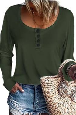 FANGJIN Damen Pullover sexy tunik Tops Langarm Oberteil Henley Shirt Lässig T-Shir Rundhals Ausschnitt mit Knöpfe Grün Unifarbenes elegant Kleidung S （34 36） von FANGJIN