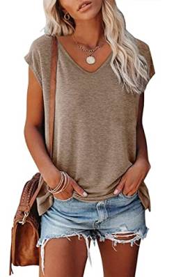 FANGJIN Damen Solid Kurzarm T Shirt Casual Pullover Oberteile Frauen Sommer T-Shirts Elegant Khaki Tops 2023 modern V-Ausschnit Bluse Klein S von FANGJIN