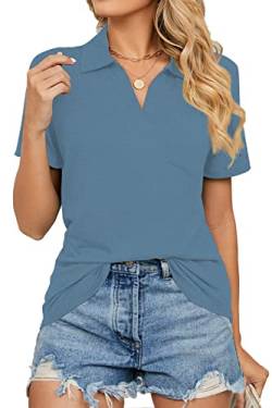 FANGJIN Damen Sommer Polo Kurzarm T Shirt Casual Pullover Oberteile Frauen U-Ausschnitt T-Shirts Elegant Blau modern Gym Sweatshirt Oversized Tee X-Large XL von FANGJIN