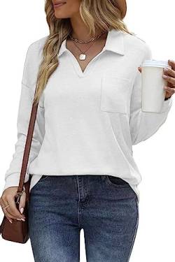 FANGJIN Damen Tshirts 2023 Solid V-Ausschnitt Langarm T Shirt Casual Pullover Oberteile Herbst T-Shirts Elegant Weiß Groß L von FANGJIN