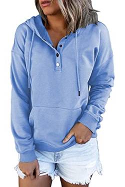 FANGJIN Kapuzenpullover Damen Elegant Hoodie Oberteil Fuzzy Stylische Langarm Fleece Kleidung V-Ausschnitt Pullover Knopfleiste Henley Sweatshirt mit Kapuze Kordelzug Tops BlauXXL von FANGJIN