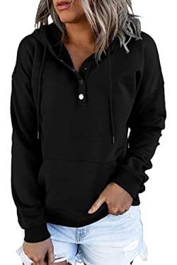 FANGJIN Kapuzenpullover Damen Hoodie Langarm elegant V-Ausschnitt Pullover Knopfleiste Oversize Henley Sweatshirt mit Kapuze Kordelzug Oberteil Schwarz Tops y2k Streetwear S von FANGJIN