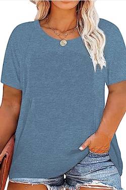 FANGJIN Oberteile Damen Sommer Locker Große Größen T-Shirt Oversize Kurzarm Rundhals Oberteil Locker Frauen Casual Lose Tops Elegant Bluse Blau Shirt von FANGJIN