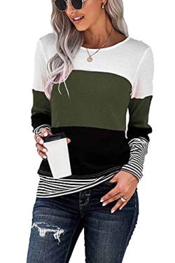 FANGJIN Pullover Damen Langarmshirt Herbst Winter Oberteil elegant Farbblock Party Tops Activewear-Shirts & blusen für Damen Baggy sexy Kleidung Grün XL（44 46） von FANGJIN