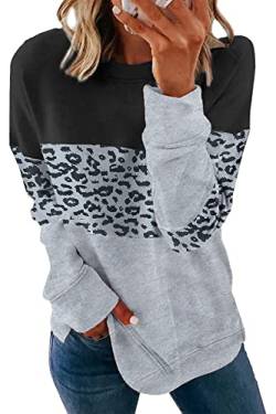 FANGJIN Sweatshirt Damen Basic Rundhals Langarmshirt Herbst Winter Pullover Casual Lose Oberteile Shirts Tops Leopardenmuster Schwarz Kleidung Groß(44 46) von FANGJIN