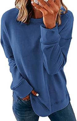 FANGJIN Sweatshirt Damen Pullover Langarmshirt Baumwolle Classic Basic Tops Casual Rundhals-Ausschnitt Sport Oberteile Marineblau XL von FANGJIN