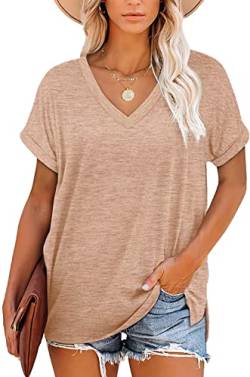 FANGJIN Tunika Damen Sommer Tshirt Kurzarm Shirts V Ausschnitt Oberteil Sommer Blusen lose kurzärmelige Top T-Shirt niedliches Sweatshirt Khaki M von FANGJIN