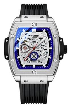 FANMIS Herren Luxus Skelett Automatische Mechanische Armbanduhren Hohl Design Wasserdicht Leuchtende Uhr Selbstaufzug Business Kleid Uhr mit Silikonband, silber, Mechanisch, selbstaufziehend von FANMIS