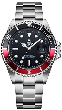 FANMIS Herren Luxus Uhren Drehbare Lünette Saphirglas Leuchtende Hand Quarz Silberton Edelstahl Uhr, schwarz / rot, Men's standard, Armband von FANMIS