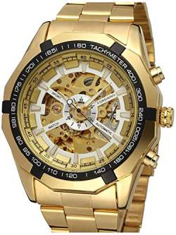 FANMIS Klassische Herren Skelett Automatische Mechanische Uhren Luxus Schnitzen Blume Handwerk Uhr mit Edelstahl Wasserdicht Armband Armbanduhr, Ein Gold, Automatikuhr von FANMIS