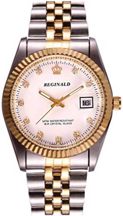 FANMIS Luxuriöse Unisex-Armbanduhr mit Goldkristallen, Quarz-Kalender, Gold, Silber, zweifarbig, Edelstahl-Armbanduhr, Weiss/opulenter Garten, Quarz-Uhrwerk von FANMIS