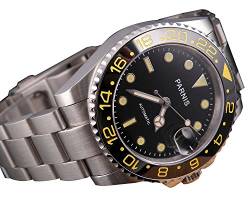fanmis schwarz Zifferblatt Gelb Nummer GMT Sea Stil Keramik Lünette Automatische Mechanische Herren Damen Armbanduhr von FANMIS