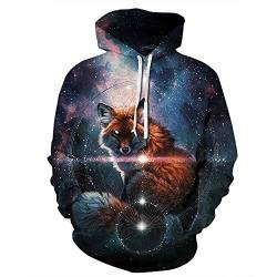 FANSU Herren Damen Kapuzenpullover 3D Hoodie,Creative Sternenhimmel Einhorn Tier Druck Unisex Freizeit Sweatshirt Pullover Langarm Paare Hoodies mit Tasche (S/M,Kosmischer Fuchs) von FANSU