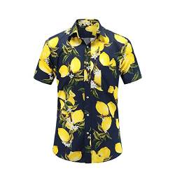 FANSU Herren Hawaiihemd, Herren Urlaub Hawaiihemd 3D Gedruckt Muster Kurzarm Strand Palmen Meer Freizeit Reise Party Hemd (Dunkelblaue Zitrone,M) von FANSU