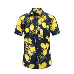 FANSU Herren Hawaiihemd, Herren Urlaub Hawaiihemd 3D Gedruckt Muster Kurzarm Strand Palmen Meer Freizeit Reise Party Hemd (Dunkelblaue Zitrone,S) von FANSU