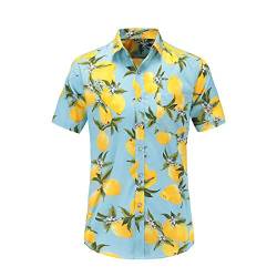 FANSU Herren Hawaiihemd, Herren Urlaub Hawaiihemd 3D Gedruckt Muster Kurzarm Strand Palmen Meer Freizeit Reise Party Hemd (Hellblaue Zitrone,L) von FANSU