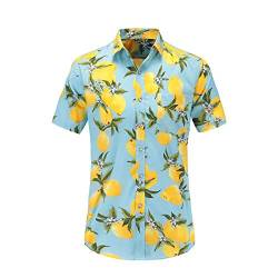 FANSU Herren Hawaiihemd, Herren Urlaub Hawaiihemd 3D Gedruckt Muster Kurzarm Strand Palmen Meer Freizeit Reise Party Hemd (Hellblaue Zitrone,XL) von FANSU