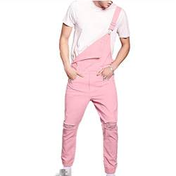 FANSU Herren Jeans Latzhose Overall, Arbeitshosen Lange Jeanshose Retro Denim Arbeitslatzhose Jumpsuit Destroyed Ripped Multifunktion Hose Arbeitskleidung (2XL,Rosa) von FANSU