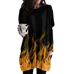 FANSU Lange Ärmel Tshirt Damen, 3D Flamme Feuer Drucken Langarmshirts Oversize Rundhals T-Shirt Lose Lässige Top Mode Herbst Winter Oberteil Bluse Shirt Kleid mit Tasche XS-4XL von FANSU