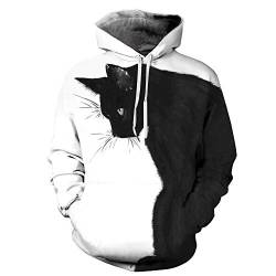 FANSU Unisex 3D Druck Hoodie Herren Damen Kapuzenpullover, Moderne Schwarzweiss-Katze Pullover Sweatshirt Mit Tasche Mode Langarm Paare Hoodies Herbst und Winter (5XL,Schüchterne Katze) von FANSU