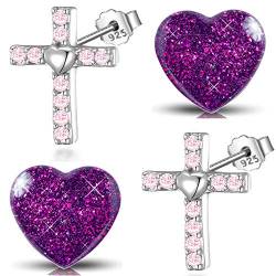 Set Kinder Mädchen Kreuz Ohrringe aus echt 925 Sterling Silber rosa Herz Damen Ohrstecker Edelstahl Schmuck (K959+K296 Zirkonia Glitzer) von FANTASTIC NAILS COSMETIC COLLECTIONS