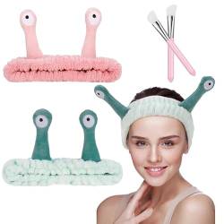 FANTESI 2 Stück Spa-Stirnbänder, Schnecken-Stirnbänder, Cartoon-Mikrofaser, Korallen-Fleece, Damen, elastische Hautpflege-Stirnbänder mit 2 Silikonmaskenbürsten für Damen, Schönheit, Waschen, Gesicht, von FANTESI