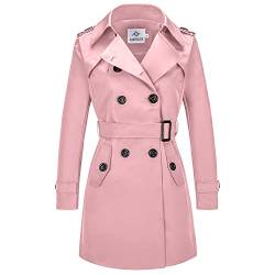 FARVALUE Damen zweireihiger Trenchcoat wasserabweisend Windbreaker klassischer Gürtel Revers Mantel, Pink, 3XL von FARVALUE