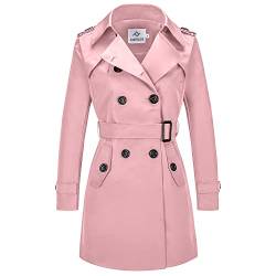 FARVALUE Damen zweireihiger Trenchcoat wasserabweisend Windbreaker klassischer Revers mit Gürtel, Pink, XL von FARVALUE