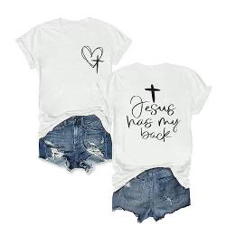 Blessed Shirt Frauen Christian T-Shirt Faith Based Tee Jesus Has My Back Shirt Casual Thanksgiving Kurzarm Top, Weiss/opulenter Garten, Klein von FASHGL