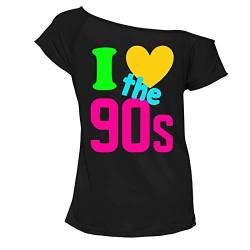 Damen T-Shirt mit Aufschrift "I Love The 90er Jahre", schulterfrei, Party-Shirt zum Ausgehen, Party-T-Shirt, Schwarz , 34-36 von FASHION 7STAR