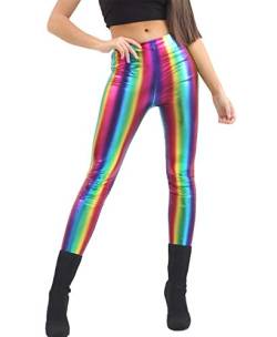 FASHION 7STAR Damen-Leggings mit elastischer Taille, PVC, glänzend, metallisch, für Mädchen, für Disco-Partys, dehnbar, Regenbogen-Druck, glänzend, regenbogenfarben, 46-48 von FASHION 7STAR