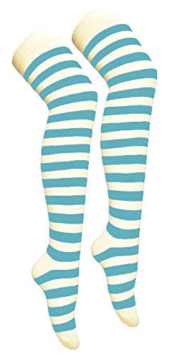 FASHION 7STAR Damen Oberschenkel hohe Socken einfarbig gestreift über dem Knie Socken lange Knie hohe Socken für Frauen Schiedsrichter Socken, Gestreift Türkis/Weiß, 37-39 EU von FASHION 7STAR