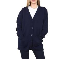 FASHION 7STAR Damen-Strickjacke, langärmelig, V-Ausschnitt, Knopfleiste vorne, 2 Taschen, übergroß, Baggy, weiche Strickstruktur, lange Oberbekleidung, navy, 50-52 von FASHION 7STAR