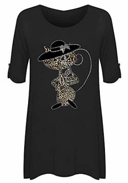 FASHION 7STAR Damen T-Shirt mit Katzenmotiv, kurzärmelig, Übergröße, mit Strasssteinen, ausgestellt, Größe 42-56 Gr. 44 Plus, Schwarz von FASHION 7STAR