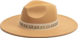 Fashion You Want Damen Filzhut Fedora Hut breite Krempe Festival Karneval OutfitBoho Band Fedora Breite Krempe Reisen Cowboy Hut Filz Rancher Wollhut Vintage Panama Hüte (Blätter Camel) von FASHION YOU WANT.DE