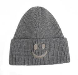 FASHION YOU WANT Beanie-Mützen für Herren, Unisex, Smiley, Bestickt, weich, SMILEY2 warm, Winter, Manschette, Strickmützen für Damen (DE/NL/SE/PL, Alphanumerisch, Einheitsgröße, grau) von FASHION YOU WANT