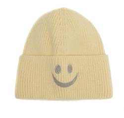 FASHION YOU WANT Beanie-Mützen für Herren, Unisex, Smiley, Bestickt, weich, SMILEY2 warm, Winter, Manschette, Strickmützen für Damen (DE/NL/SE/PL, Alphanumerisch, Einheitsgröße, hell gelb) von FASHION YOU WANT