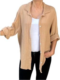 FASHION YOU WANT Bluse Damen Musselin Langarmshirt Baumwolle Gr.34-44 Lässig Oberteile Hemd Langarm Shirts Einfarbig Tops Hemdjacke (DE/NL/SE/PL, Numerisch, 34, 36, Regular, Regular, Dunkelbeige) von FASHION YOU WANT