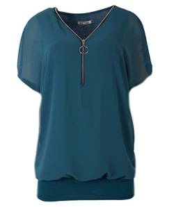 FASHION YOU WANT Damen Falten Kurzarm Tunika Batwing Rundkragen Bluse mit Reißverschluss am Kragen (as3, Numeric, Numeric_46, Numeric_48, Regular, Regular, Petrol) von FASHION YOU WANT